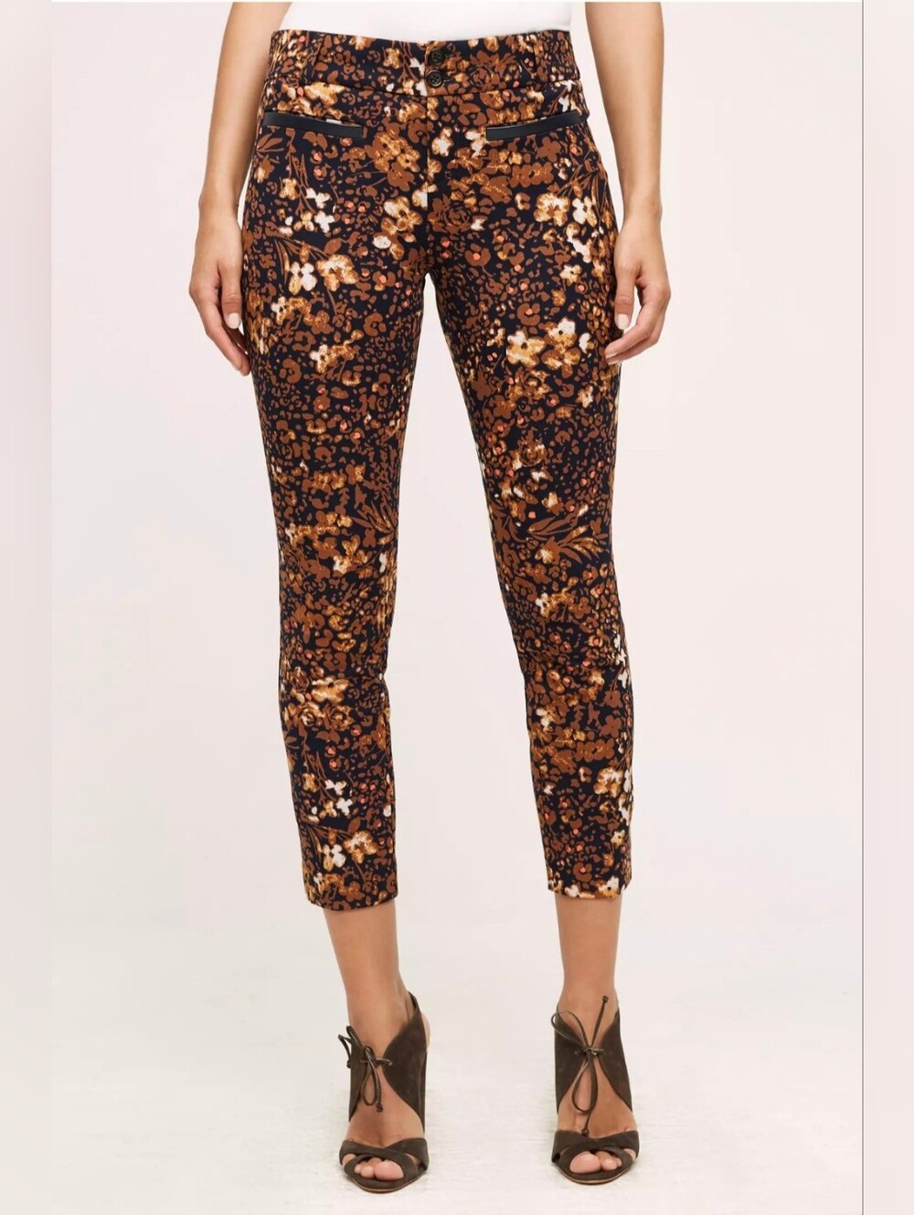 Anthropologie Essential Slim Brown Pants 0 Floral Print Ankle Pants Fall Cropped